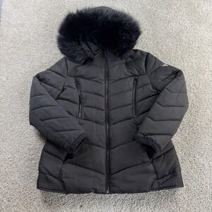 GUESS Coat Womens Large Black Puffer Faux Fur Hooded Pockets Quilted Mid Length
